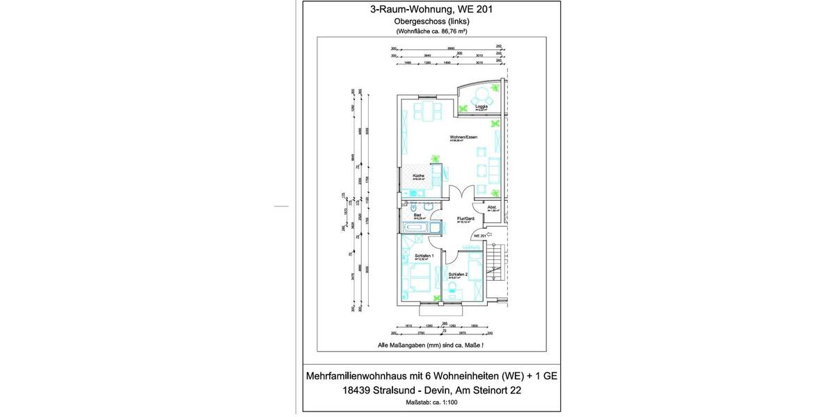 Etagenwohnung Stralsund - 3 Zimmer, 87 m&sup2;, 1.050&euro; | Angebot:25901351