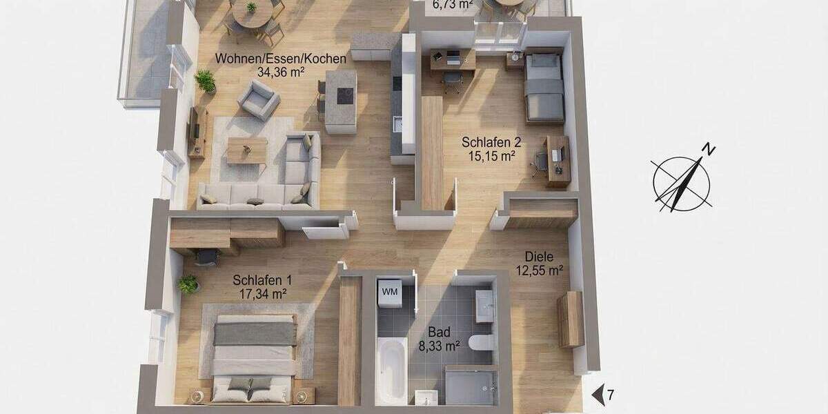 Etagenwohnung Stralsund Andershof - 3 Zimmer, 90 m&sup2;, 378.000&euro; | Angebot:25862405